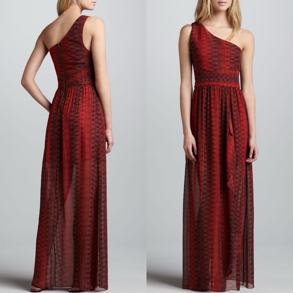 Alice + Olivia Orange Red Pamela One-Shoulder Maxi Silk Dress